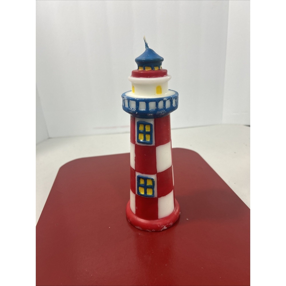 Vtg Lighthouse Wax Candle Figurine Red/Blue/White 9"